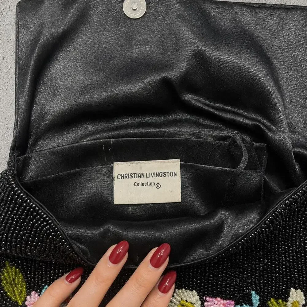 Vintage Black Beaded Floral Clutch Purse Evening Bag Boho